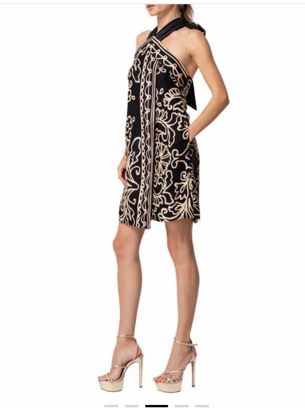 Ciebon Strapless Black Dress with Cream Baroque Print and Halter Neck
